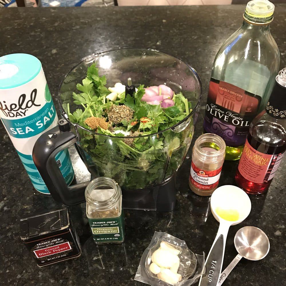Ingredients for Cilantro Chimichurri sauce on a counter