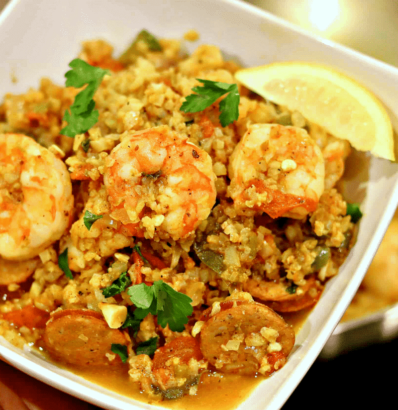 Low Carb Jambalaya in a white bowl