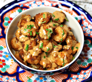 a close-up of Keto Bang Bang shrimp in a bowl