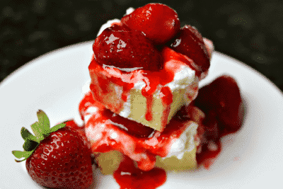 Low Carb Strawberry Shortcake Stacked on a plate