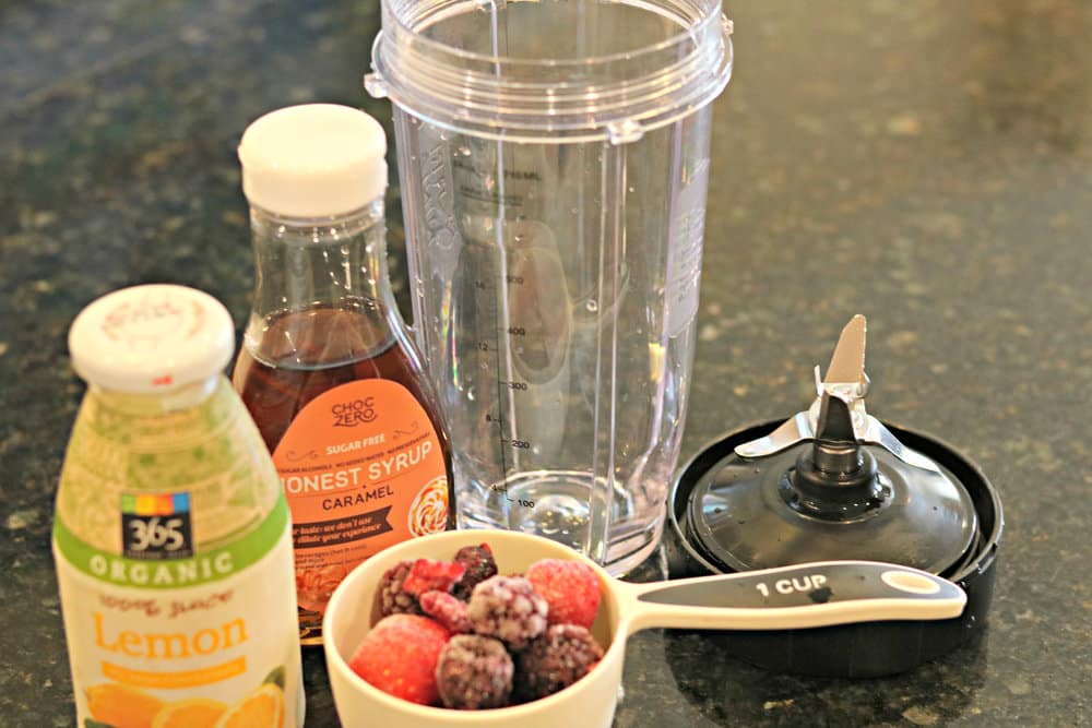 Ingredients for Peanut butter & Jelly Ice cream sandwiches next to a blender cup