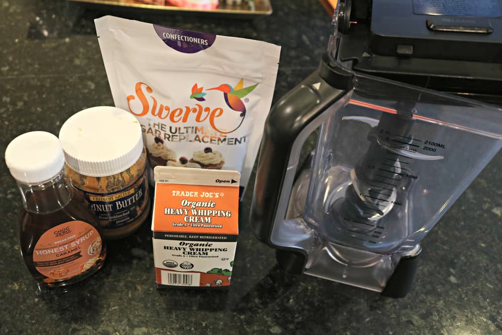 Ingredients for Peanut butter & Jelly Ice cream sandwiches next to a blender