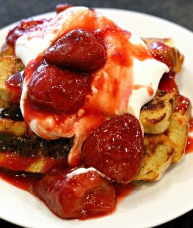 Keto Strawberry Shortcake French Toast Sticks on a white plate