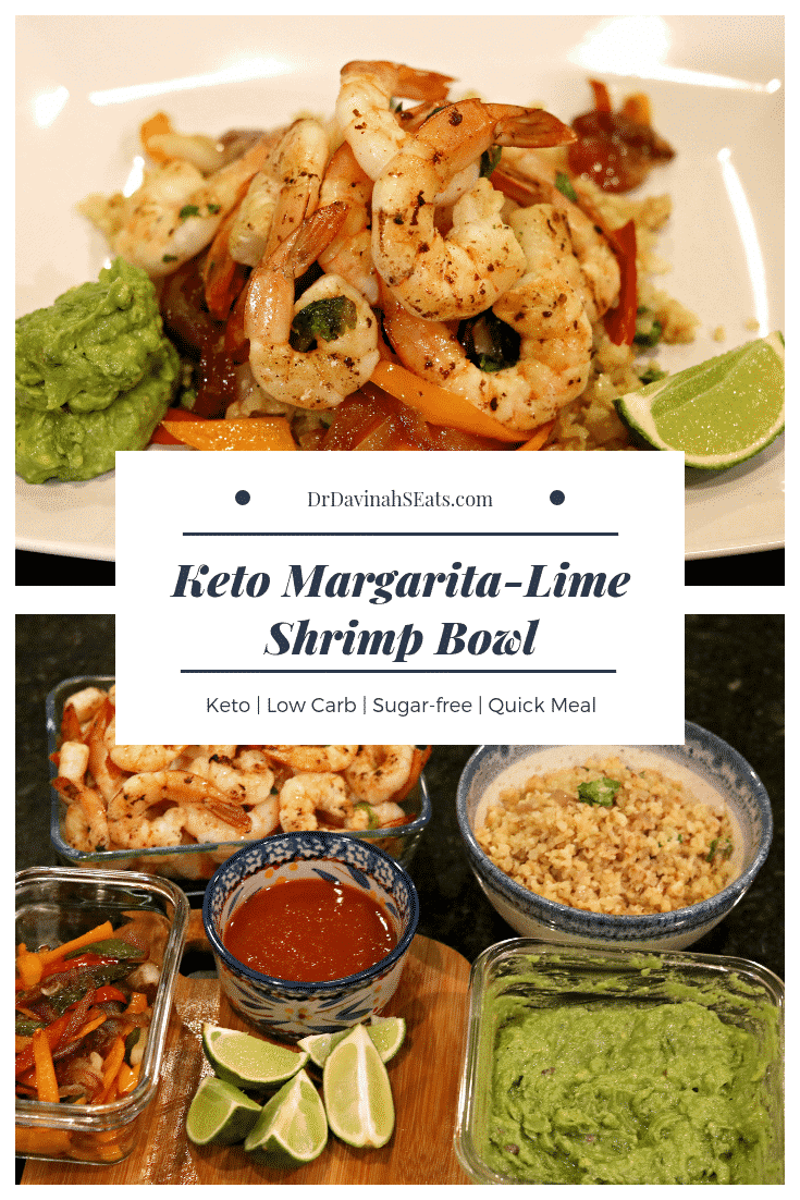 A Pinterest image for Keto Margarita-Lime Shrimp Bowls