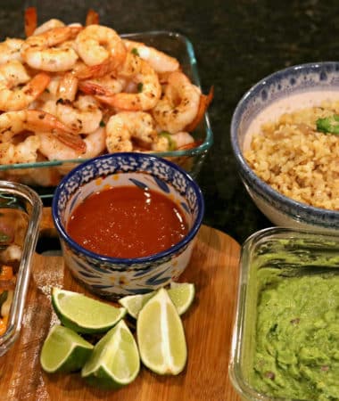 An assortment of prepared ingredients for Keto Margarita-Lime Shrimp Bowl