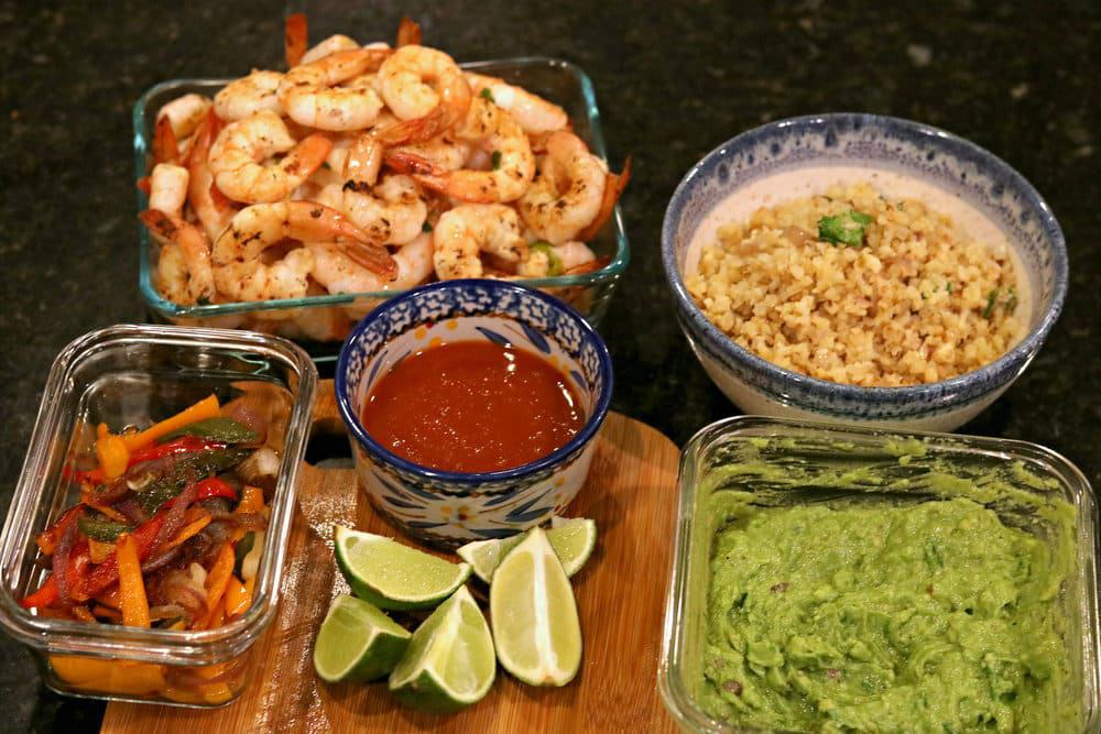 An assortment of prepared ingredients for Keto Margarita-Lime Shrimp Bowl