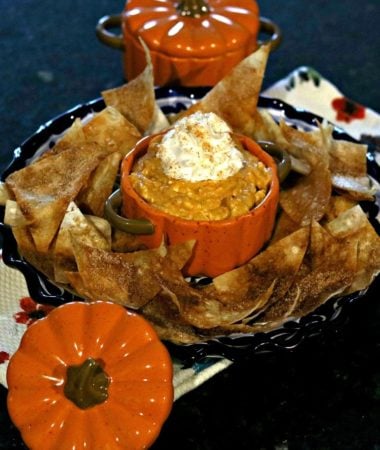 Pumpkin Cheesecake dip on a plate with low-carb cinnamon tortillas