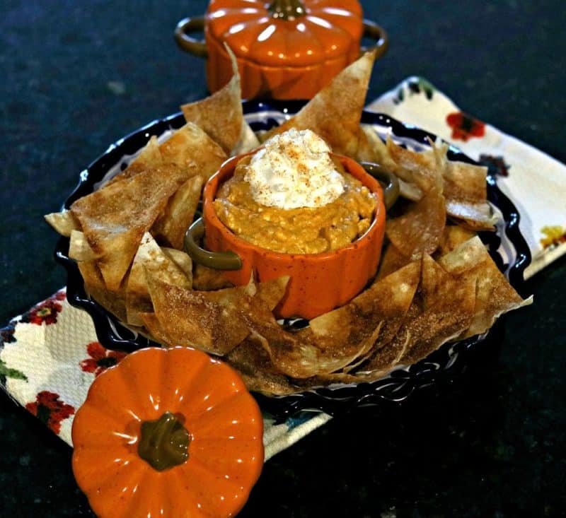 Pumpkin Cheesecake dip on a plate with low-carb cinnamon tortillas