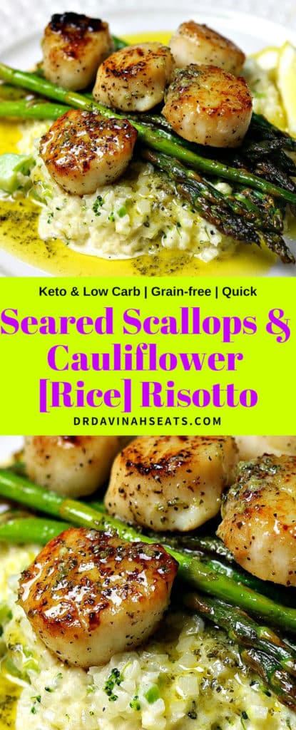 Pinterest image for Seared Scallops & Cauliflower Rice Risotto