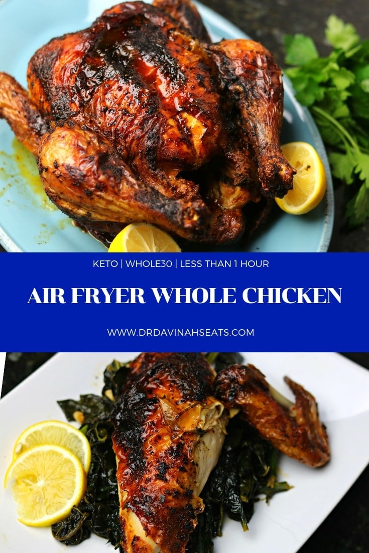 A Pinterest image for Air Fryer Whole Chicken