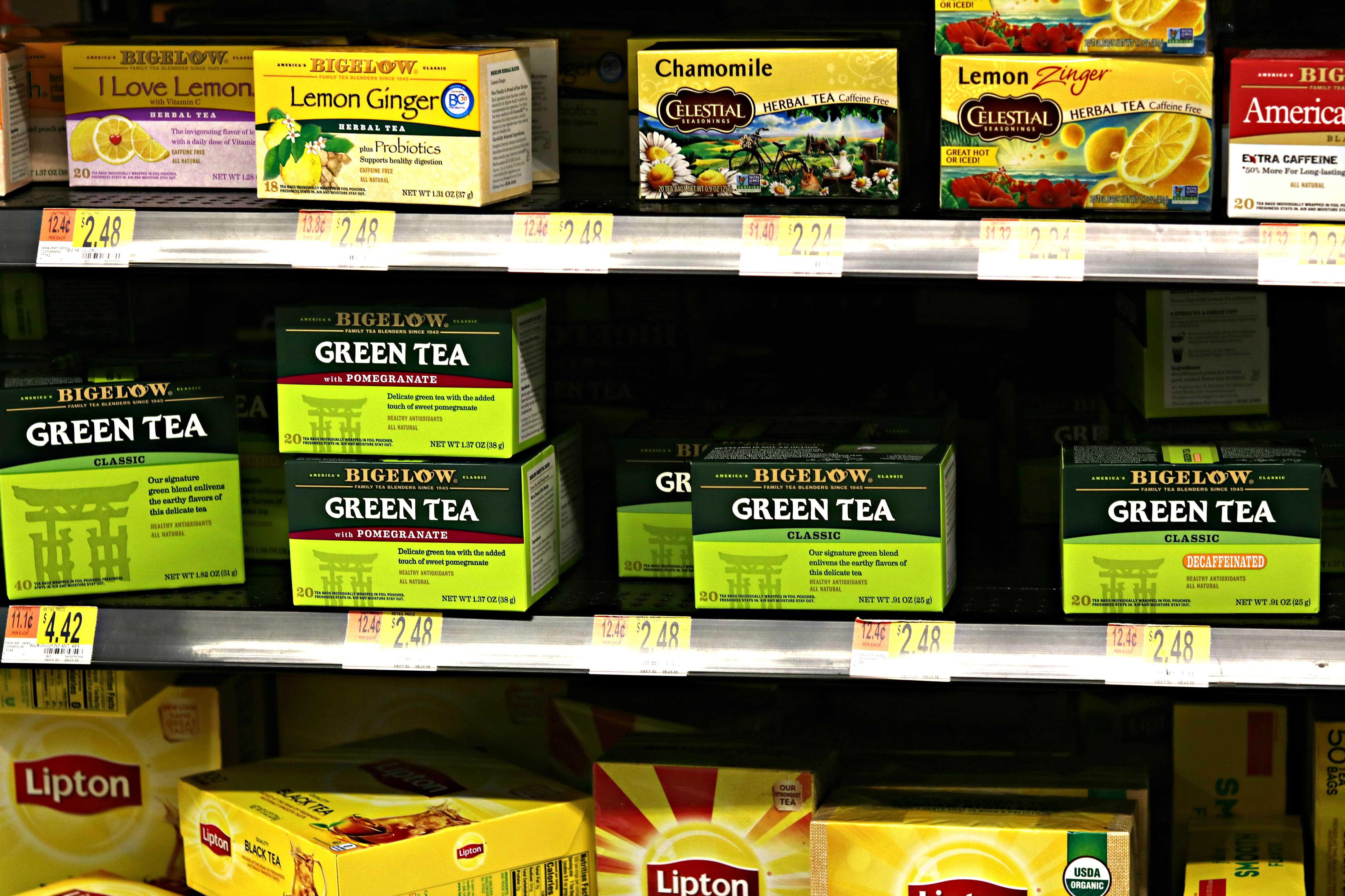 Bigelow Tea on a shelf at Walmart