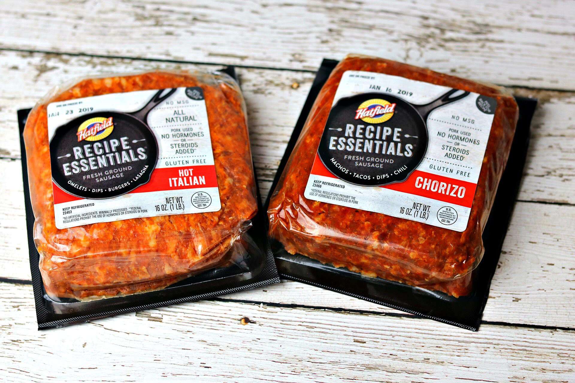 two packages of Hatfield recipe essentials chorizo