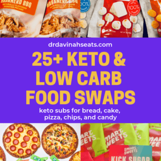 A Pinterest image for 25 keto and low-carb swaps for cake, bread, chips, and more.