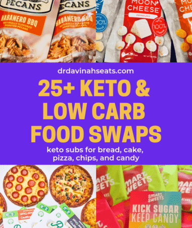 A Pinterest image for 25 keto and low-carb swaps for cake, bread, chips, and more.