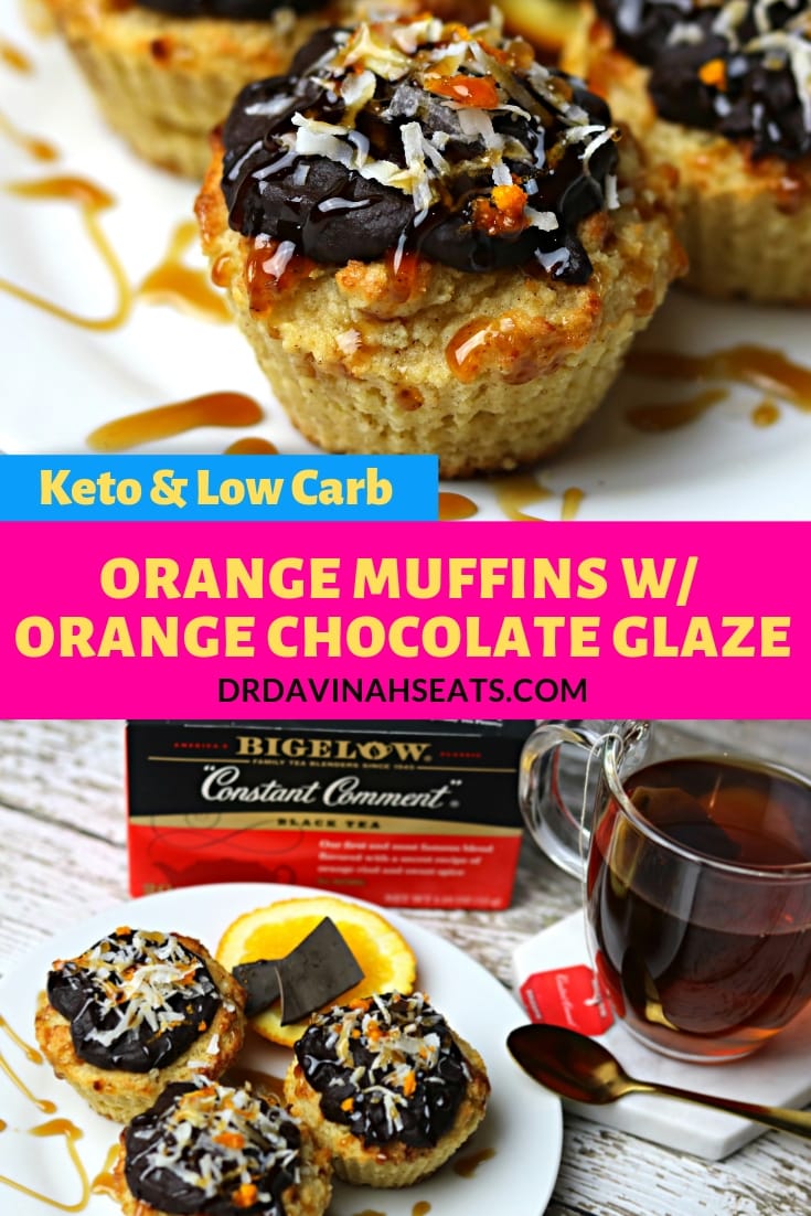 A Pinterest image for Keto Orange Muffins with Orange Chocolate Glaze