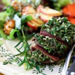 Seared Filet with Mixed-Herb Gremolata on a white floral dish