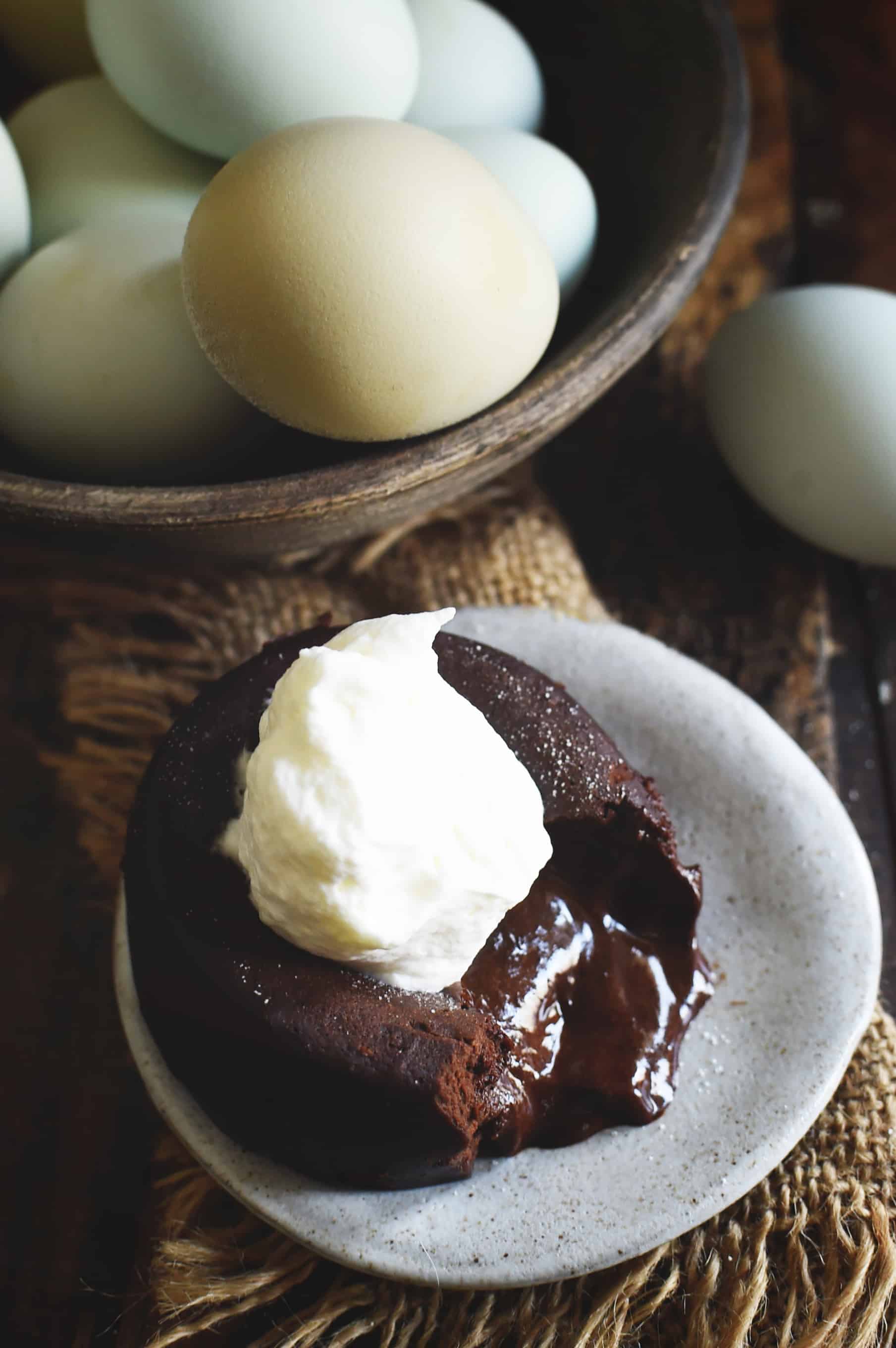 Low Carb Lava Cake on a rustic serving dish