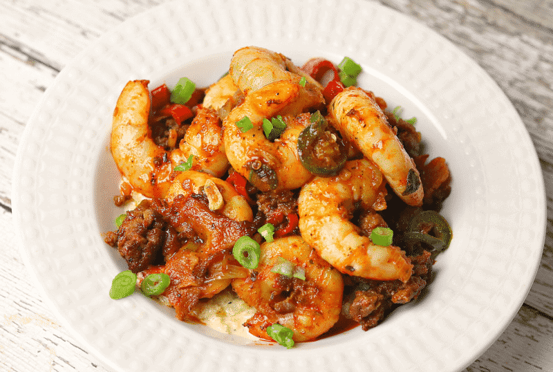 Southern Shrimp & Cauliflower Cheese Grits in a bowl