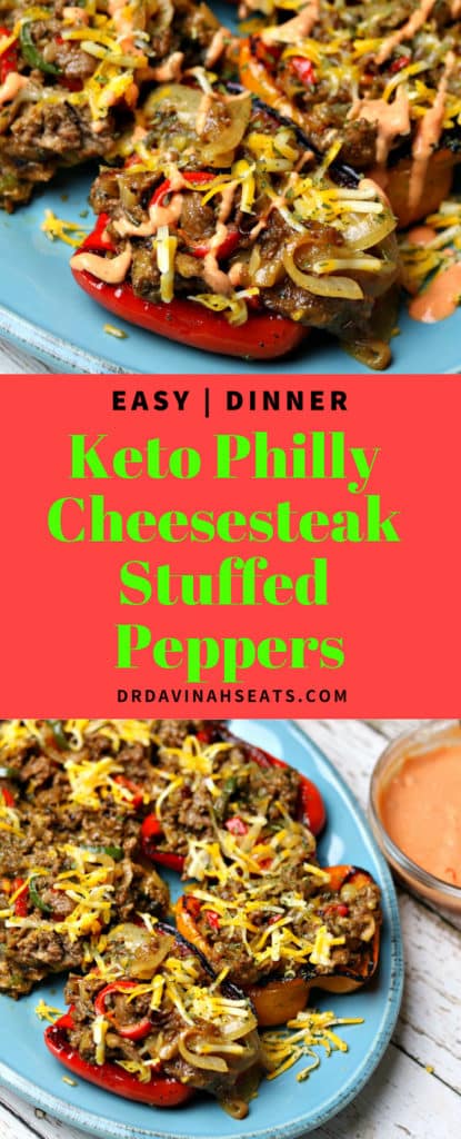 Pinterest image for Keto Philly cheesesteak Stuffed Peppers