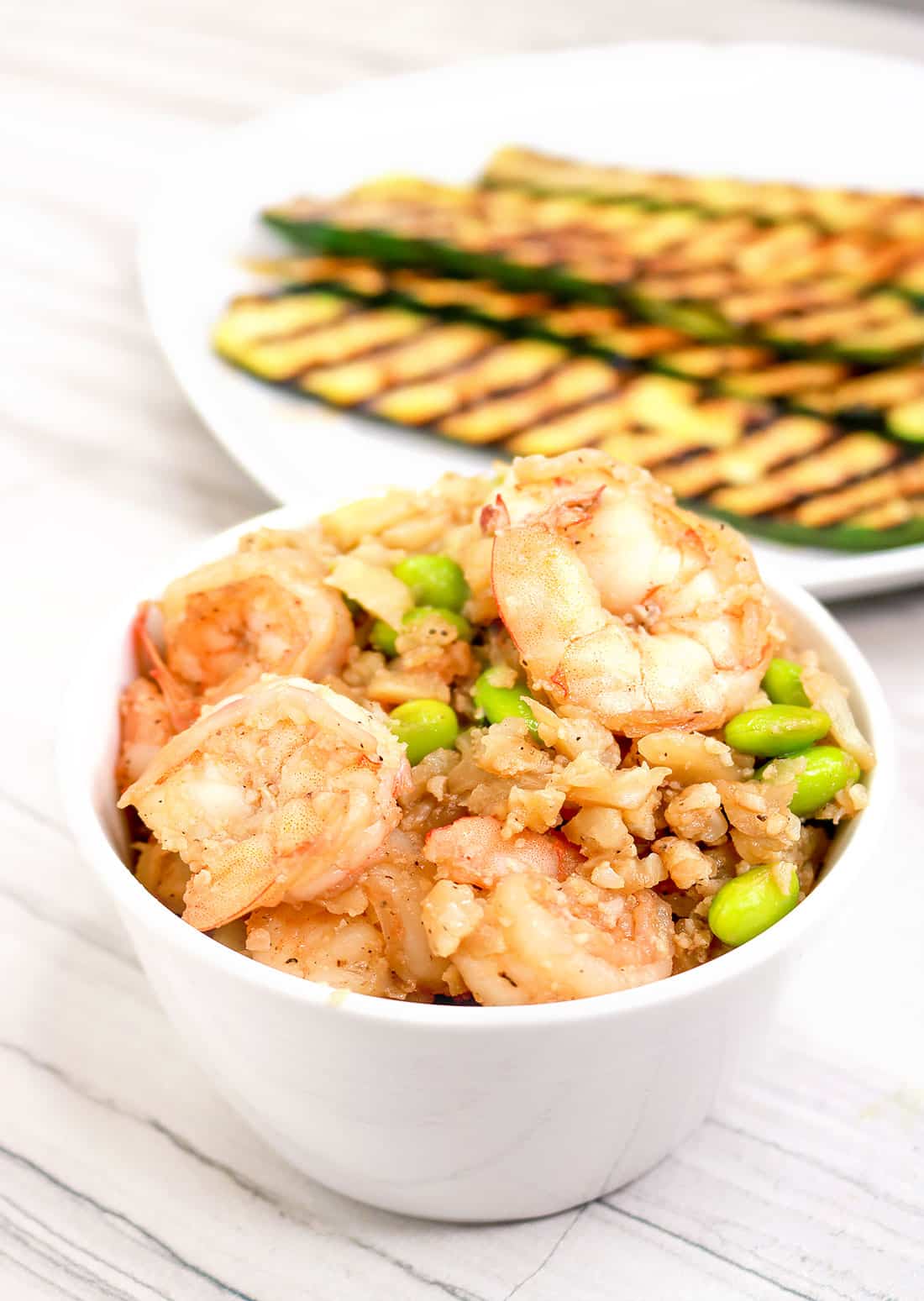 Shrimp Cauliflower Fried rice with edamame in a bowl