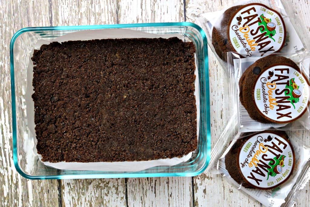 Double Chocolate Cookie crust in a baking pan