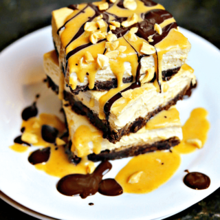 Keto Snickers Cheesecake recipe stacked on a plate