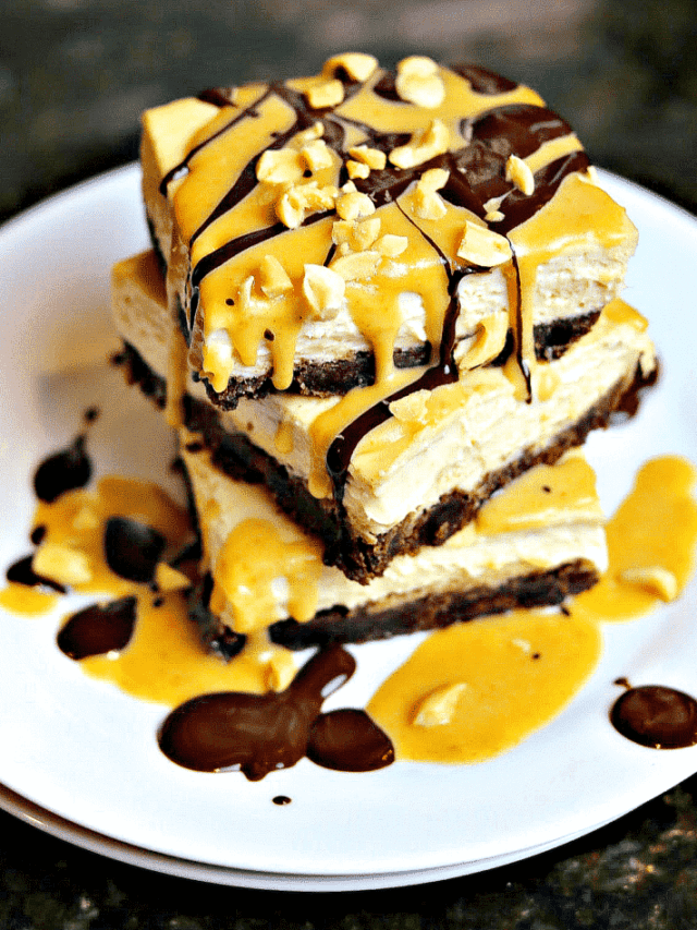 Keto Snickers Cheesecake recipe stacked on a plate