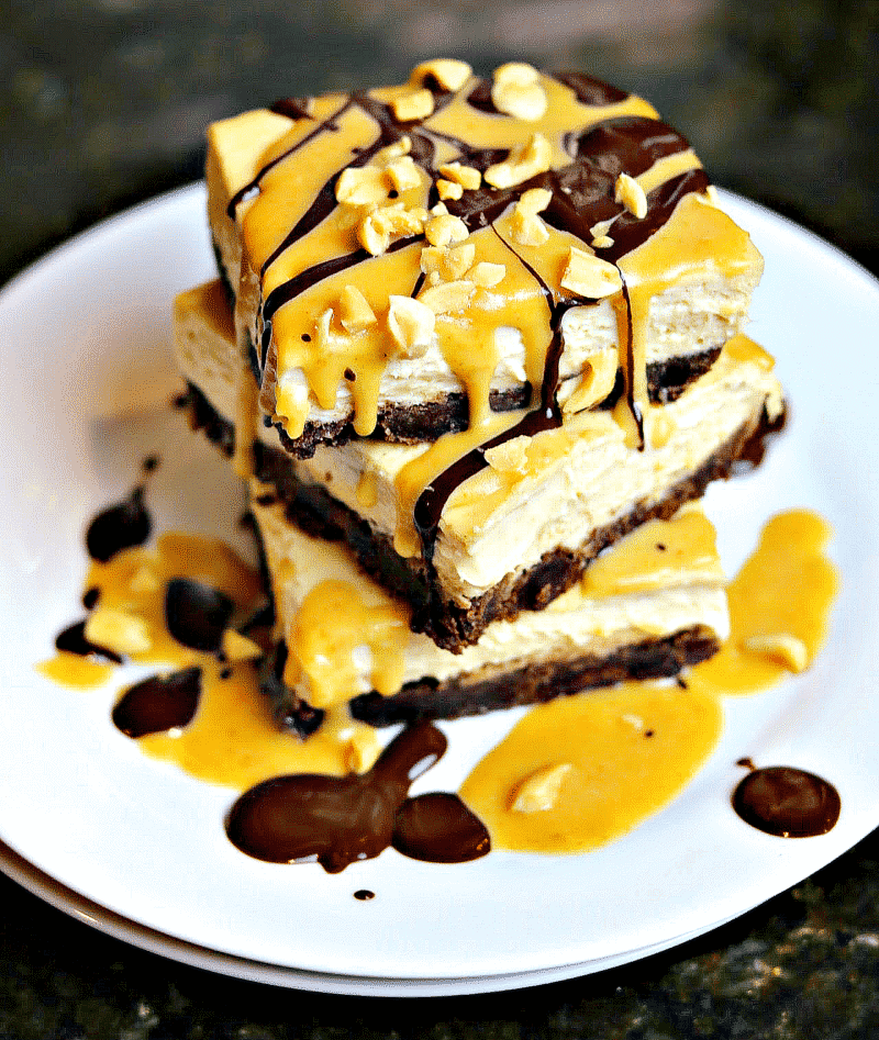 Keto Snickers Cheesecake recipe stacked on a plate
