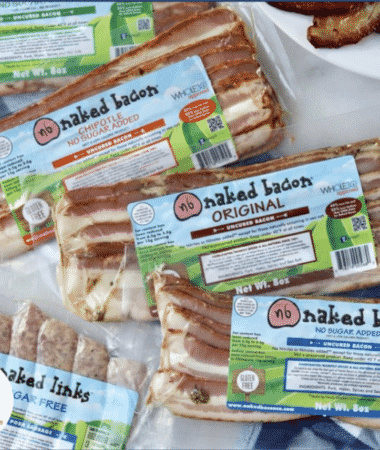 a product photo of sugar-free naked bacon packages
