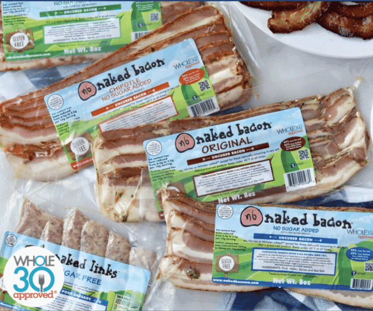 a product photo of sugar-free naked bacon packages