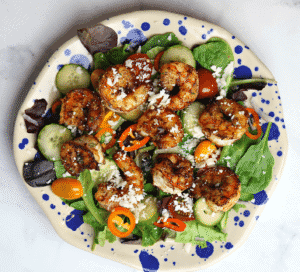 Keto Mexican Shrimp Salad with seared shrimp on top 