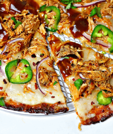 Keto Pulled Pork BBQ Pizza on a pizza pan
