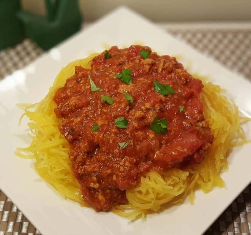 Instant Pot Pressure Cooker Spaghetti Squash and Meat Sauce In a bowl