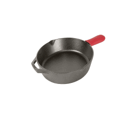 An image of a big cast iron skillet with a red rubber handle