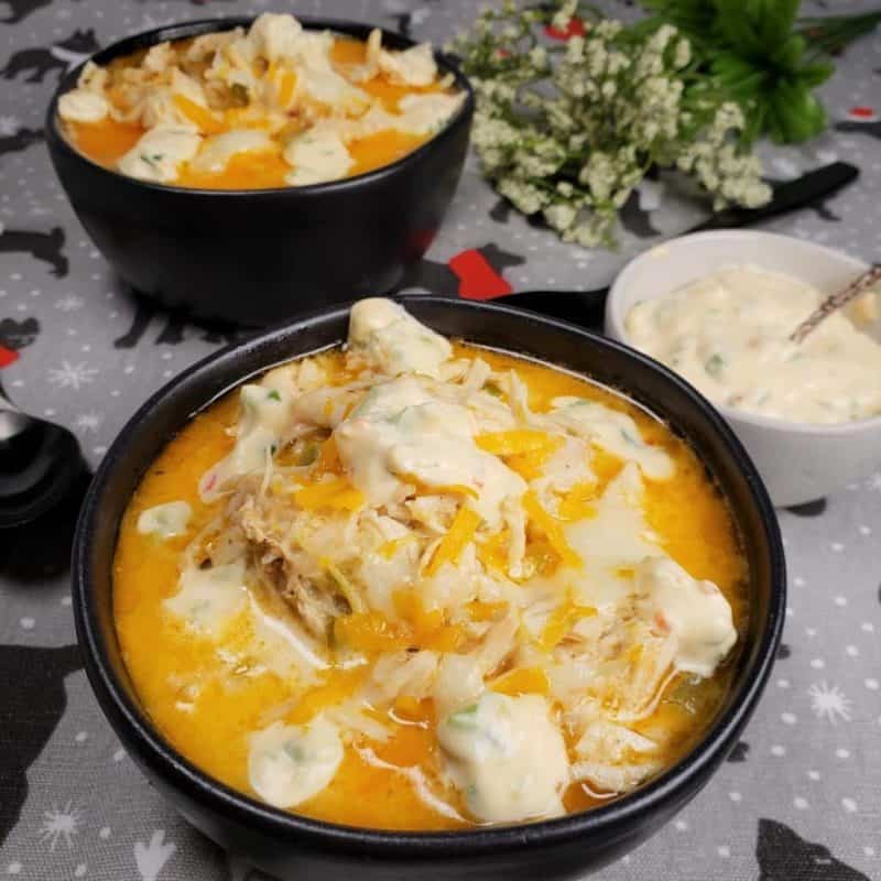 Two bowls of Instant Pot Chicken Jalapeno Popper Soup 