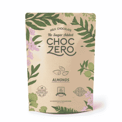 A close up of ChocZero brand keto bark in the almond flavor