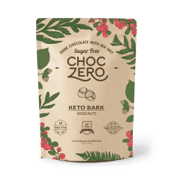 A close up of ChocZero brand keto bark in the hazelnut flavor