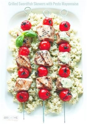 Low Carb Grilled Swordfish Skewers with Pesto Mayo on top of cauliflower rice