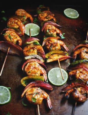 Grilled Chili Lime Shrimp Kabobs on a parchment paper