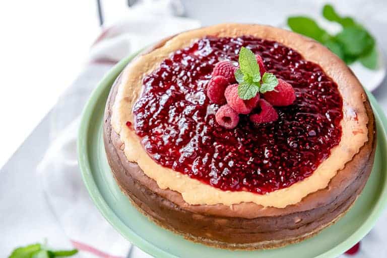 a close-up of Low Carb Cheesecake with a No Sugar Added Raspberry Jam