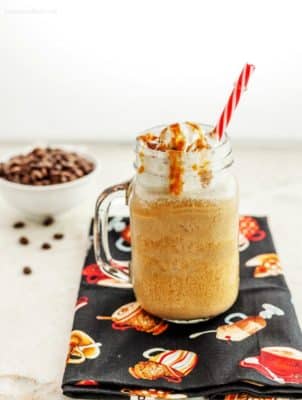 low carb vanilla frappucino in a glass mug