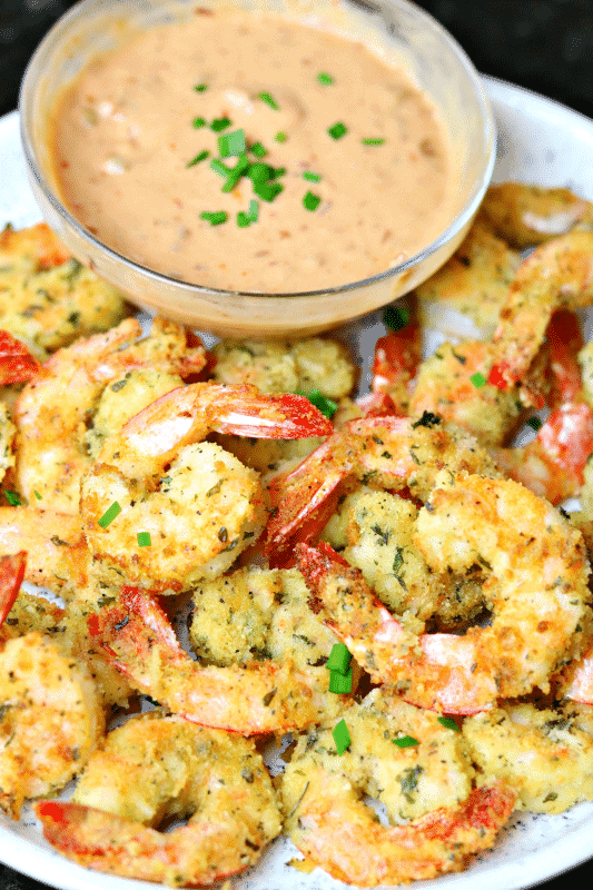 Air Fried Shrimp on a plate with Bang Bang Sauce