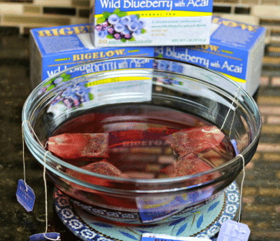 Bigelow Wild Blueberry Tea steeping in a bowl