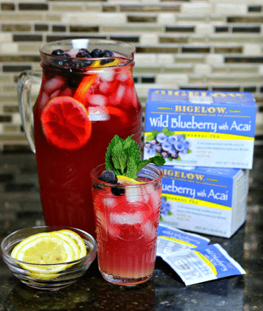 Keto Blueberry Iced Tea Lemonade in a pitcher and a cup