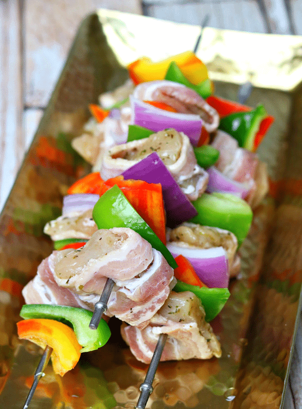Assembled Keto Bacon Wrapped Chicken Kabobs