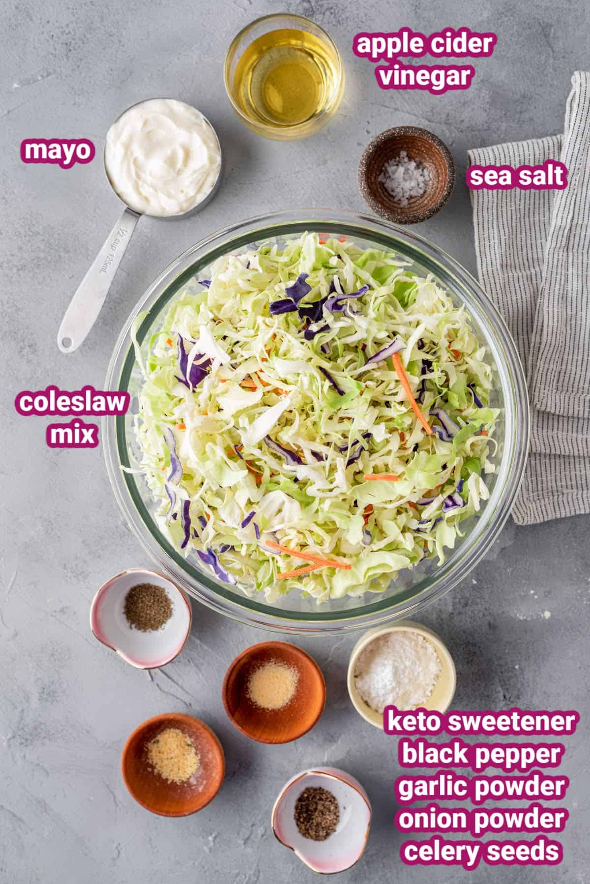 the ingredients for low carb keto coleslaw like coleslaw mix, keto sweetener, garlic powder, onion powder, black pepper, sea salt, apple cider, vinegar, and low carb mayonnaise in separate bowls