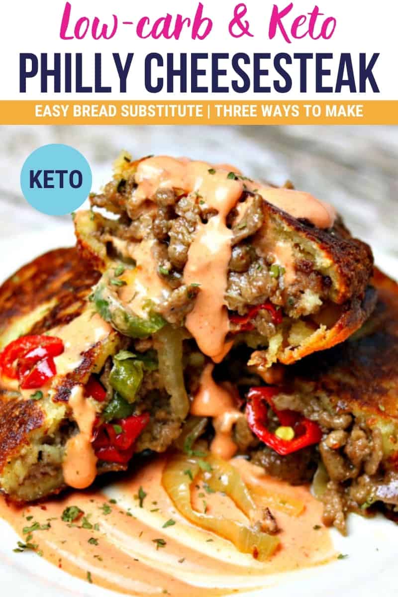 pinterest image that says low carb and keto Philly cheesesteak