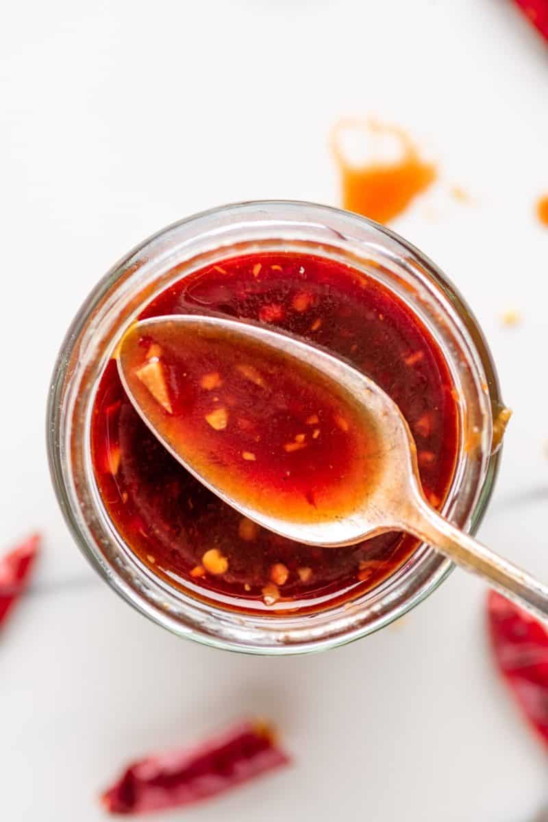 overhead photo of sweet chili sauce in a jar 