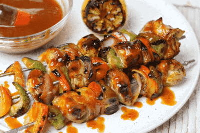 Keto BBQ Chicken Kabobs on plate