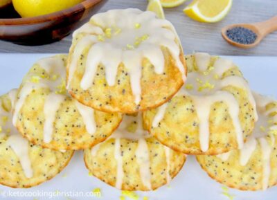 A stack of Keto lemon poppy mini bundt cakes 